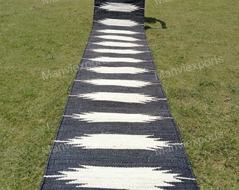 Alfombra de yute con rayas blancas y negras, tejida a mano, estilo bohemio, para cocina, entrada a rayas y fibra natural.