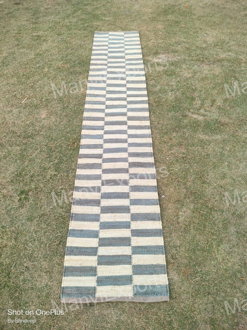 2.5x5, 2.5x20, 4x6, 5x8 Ft Sky Blue White Hemp Jute Rugs, Striped Jute