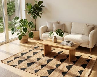 Alfombra de yute de cáñamo negro hecha a mano, alfombra ecológica de tejido plano, alfombra de color beige claro liso, decoración rústica moderna minimalista para el hogar.