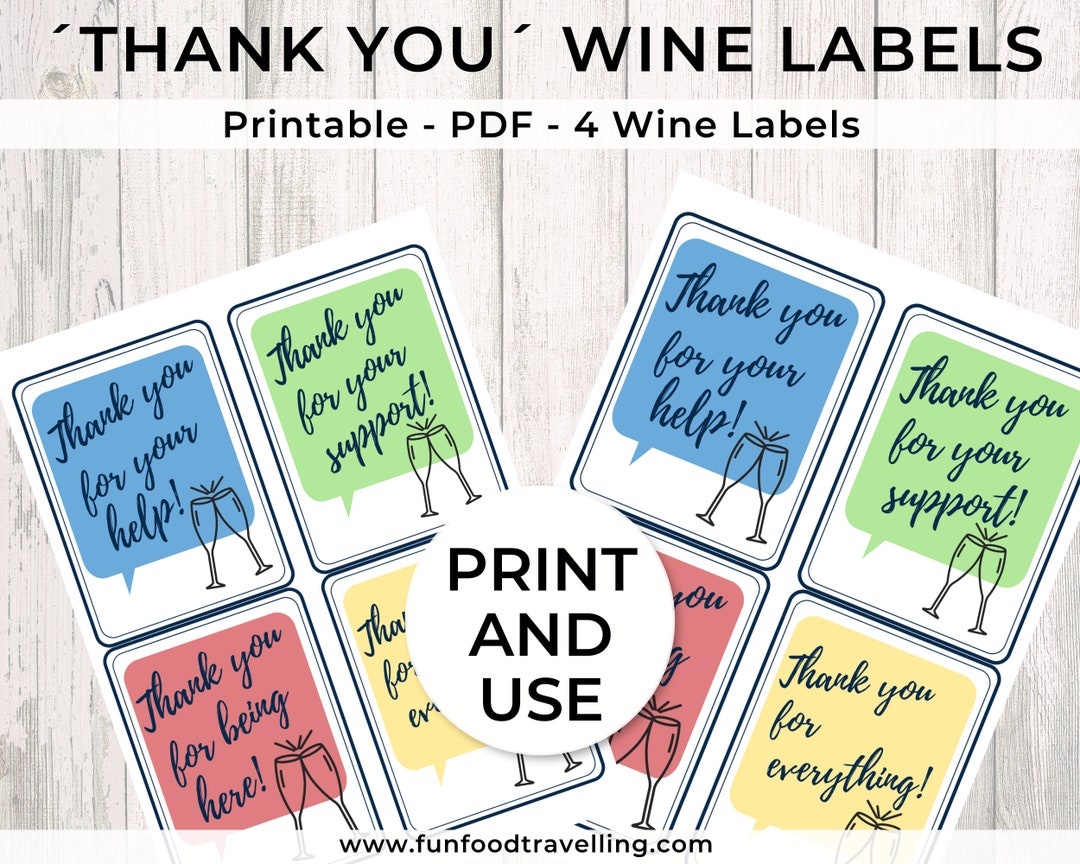 THANK YOU Wine Labels PDF Printable Printable Wine Bottle Label 4x Labels - Etsy