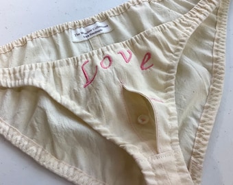 1950s Cotton Bikini Panty: Pink "Love" Embroidery, Open Hole Front