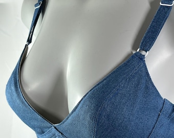 Jean Denim Wireless Low‑Cut Bikini Top – Western Style Handmade Bra