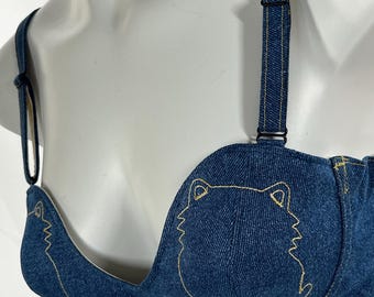 Denim Cat Applique Bra: Handmade 1950s Style