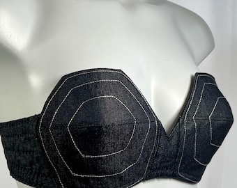 Fashioned Strapless Wireless Black Denim Bullet Bra – Handmade Cone Cup Vintage Style