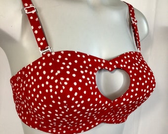1950s 50s Retro Pin Up Bullet Bra – Custom Cone Bra in Polka Dots & Red Hearts, Wireless Vintage Lingerie