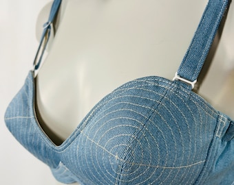 Jean 1940 1950 40s 50s pin up retro vtg round circle stitches jean denim cotton wireless wire free cone bullet lingerie bra