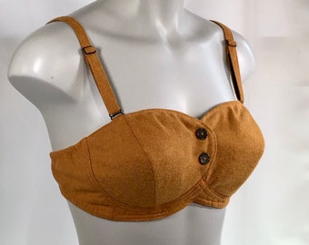 Vintage Bullet Bra Wool Bralette – 1940s 1950s Cone Bra Style, Wire‑Free, Button Front