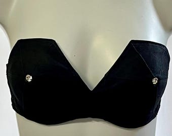 Diamond Rhinestone Strapless Bullet Bra – Wireless Black Denim Cone Cup Lingerie – 1940s 1950s Vintage‑Inspired Sparkle Bustier