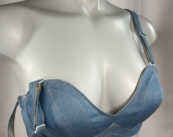 Denim Cone Bullet Bra: Handmade Cotton Lingerie, Mid-Century Style