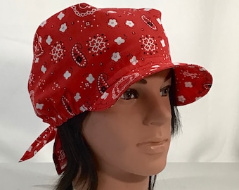 Red Paisley Cotton Bandana Visor: 1970s Style Sun Hat