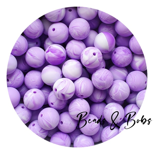 BULK 5-20 Pieces 15mm round silicone beads for jewellery and craft projects - Marble Purple