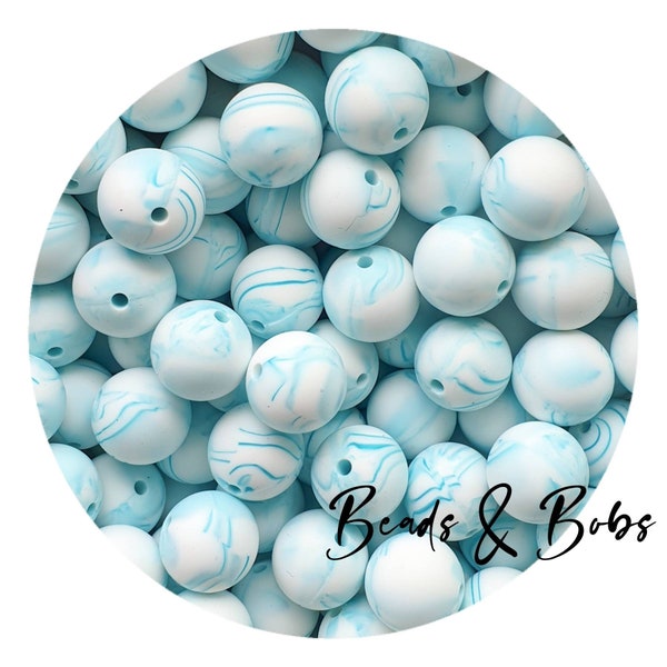 BULK 5-20 Pieces 15mm round silicone beads for jewellery and craft projects - Marble Teal