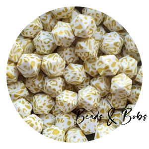 BULK 5-20 14mm hexagon silicone beads for jewellery and craft projects - Gold Leopard