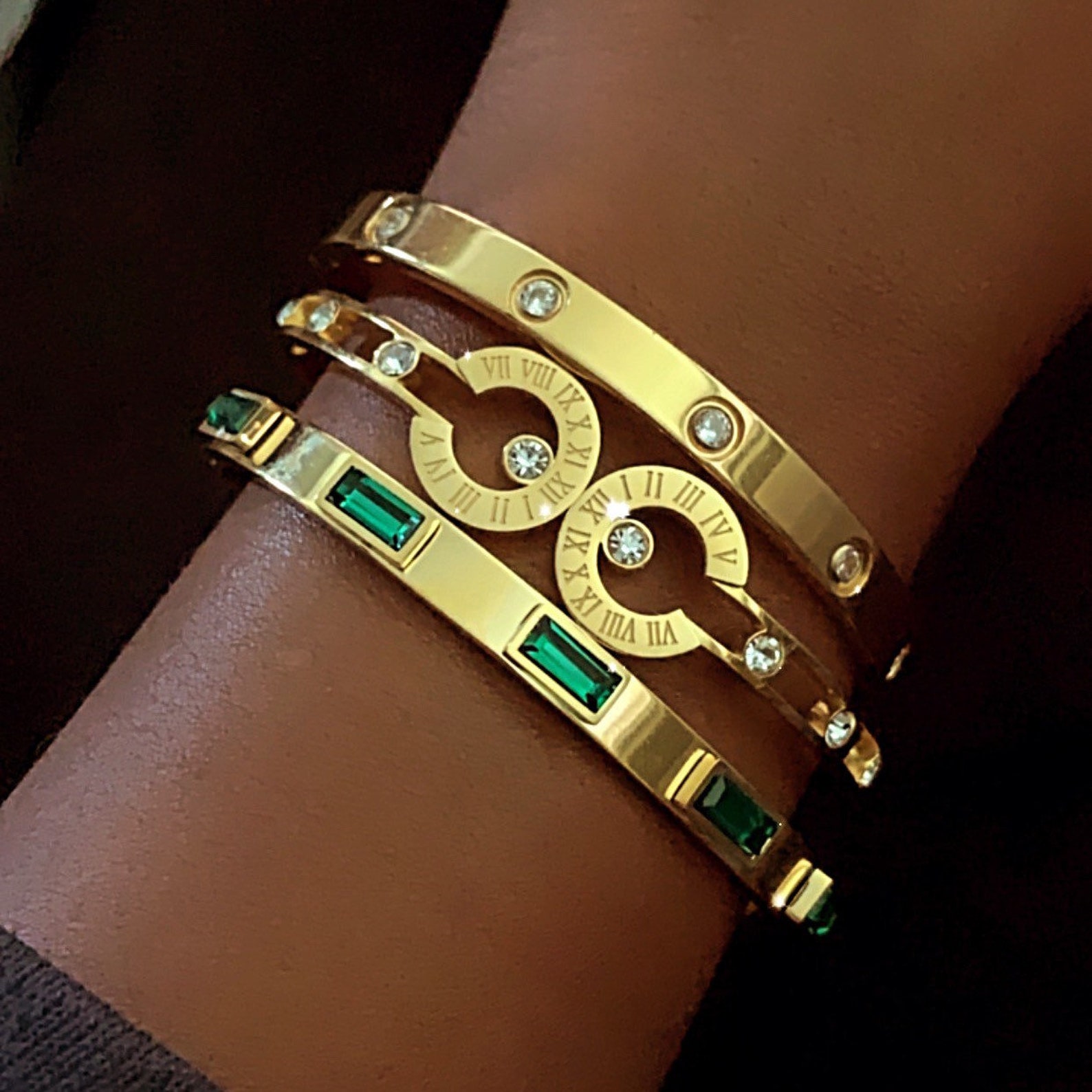 Gold plated stainless steel Jade Bangle for women. | Etsy