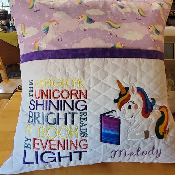 Rainbow Hair Unicorn Pocket Reading Pillow Embroidery Applique, 5 x 7, Reading Cushion, Not a physical item! Digital Download Only