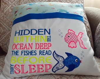 Fish Pocket Reading Pillow Embroidery Applique, 5 x 7, Reading Cushion, Ocean Creature Design Not a physical item! Digital Download Only