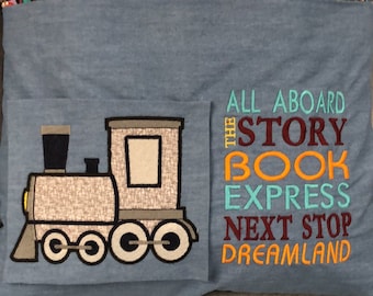 5x7 Train Reading Pillow Embroidery Applique, Choo Choo Reading Cushion, Travel Steam Train Design Not physical item! Digital Download Only