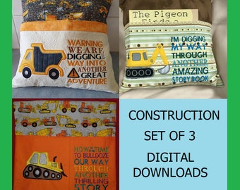 Construction 5x7 Applique Set Of Three Pocket Reading Pillow, Bulldozer, Digger, Dump Truck, Not a physical item! Digital Download Only