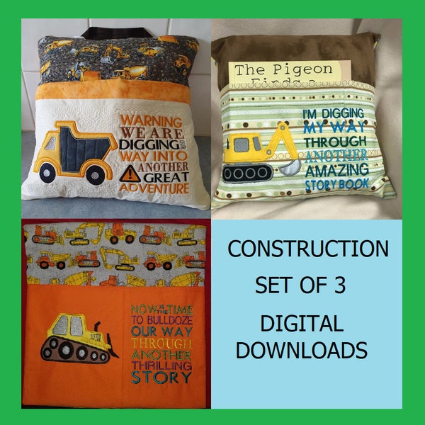 Construction 5x7 Applique Set Of Three Pocket Reading Pillow, Bulldozer, Digger, Dump Truck, Not a physical item! Digital Download Only