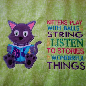 Reading Kitten Story Pillow Embroidery Applique, 5 x 7, Reading Cushion, Cat, Animal Design Not a physical item! Digital Download Only