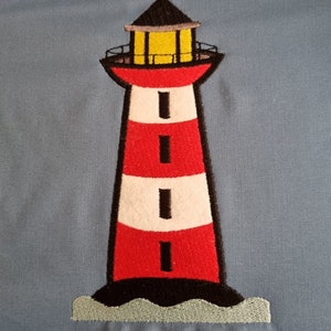 May include: A red and white striped lighthouse with a black roof and a yellow light. The lighthouse is sitting on a blue background.