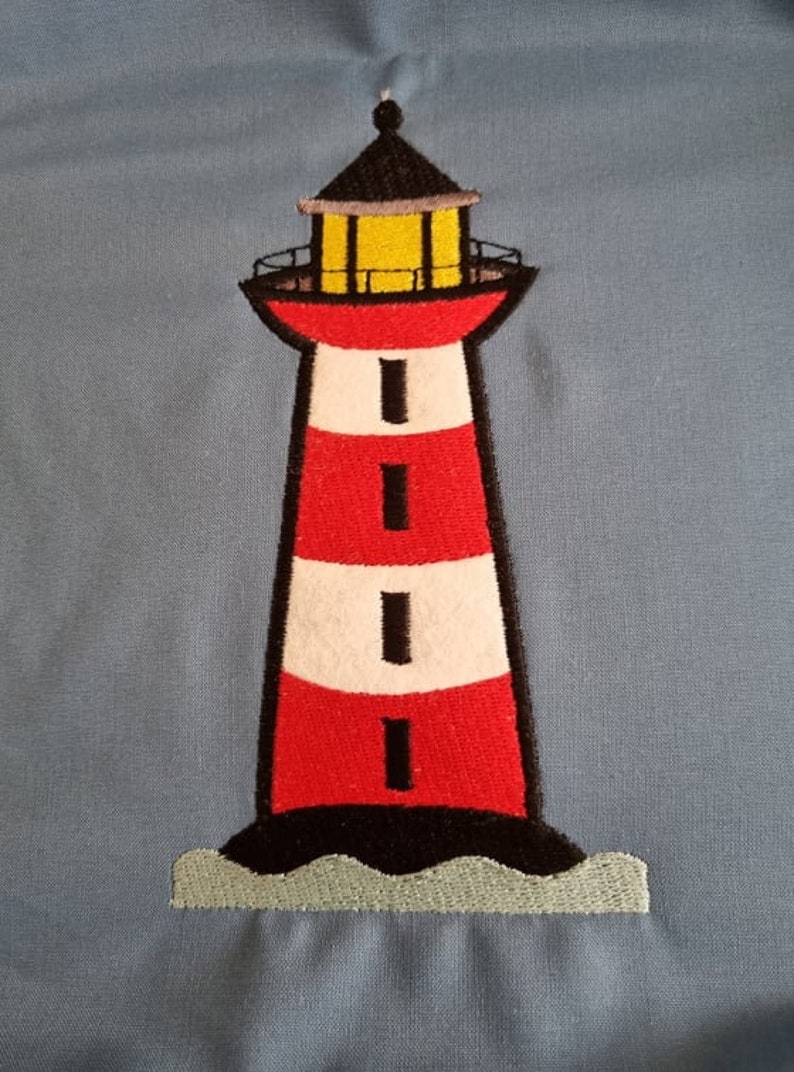 May include: A red and white striped lighthouse with a black roof and a yellow light. The lighthouse is sitting on a blue background.