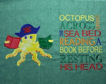 5x7 Octopus Reading Pillow Embroidery Applique, Pocket Reading Cushion, Under The Sea Design Not a physical item! Digital Download Only