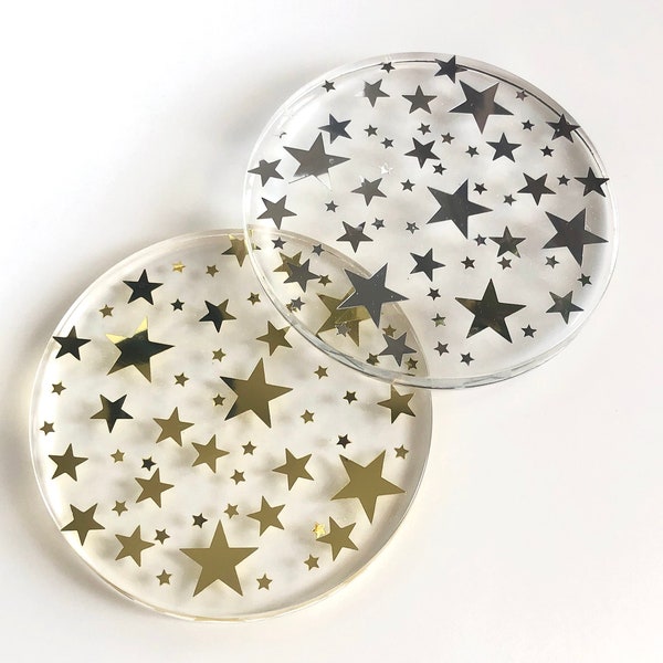 Metallic Star Confetti Resin Coaster- Gold Star - Silver Stars - SINGLE Coaster- Glitter Resin Coaster- Housewarming Gift - Barcart Decor