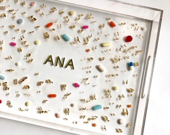 Rainbow Pill Resin Tray - 10 x 14 - Acrylic Pill Tray - Custom Gold Flakes Pill Tray  - Pharmacist Gift - Coffee Table Decor