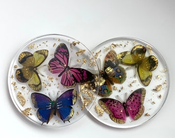 Butterfly Resin Coasters with Gold Leaf - Set of Two - Gold Leaf Resin Coasters - Bar Cart Decor - Bridesmaid Gift - Hostess Gift