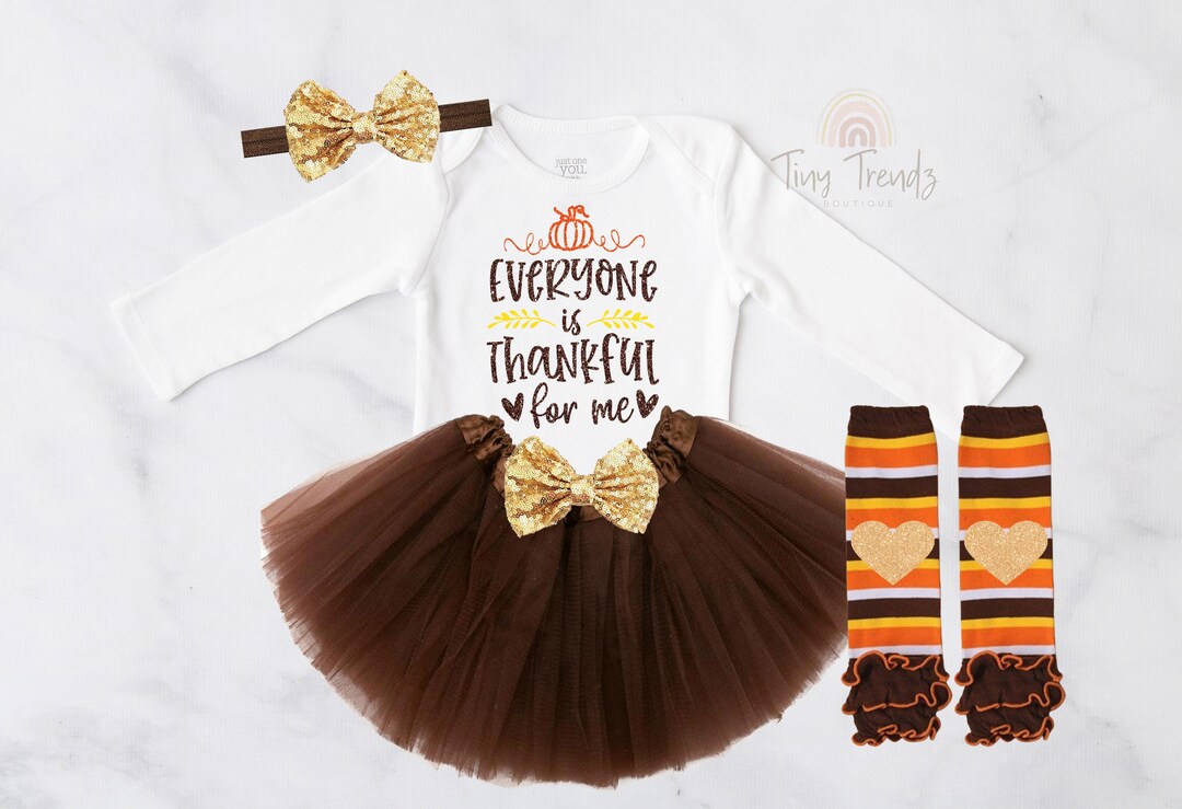 Thanksgiving Baby Girl Outfit - Pumpkin Pie Romper With Flared Pants & Headband Set