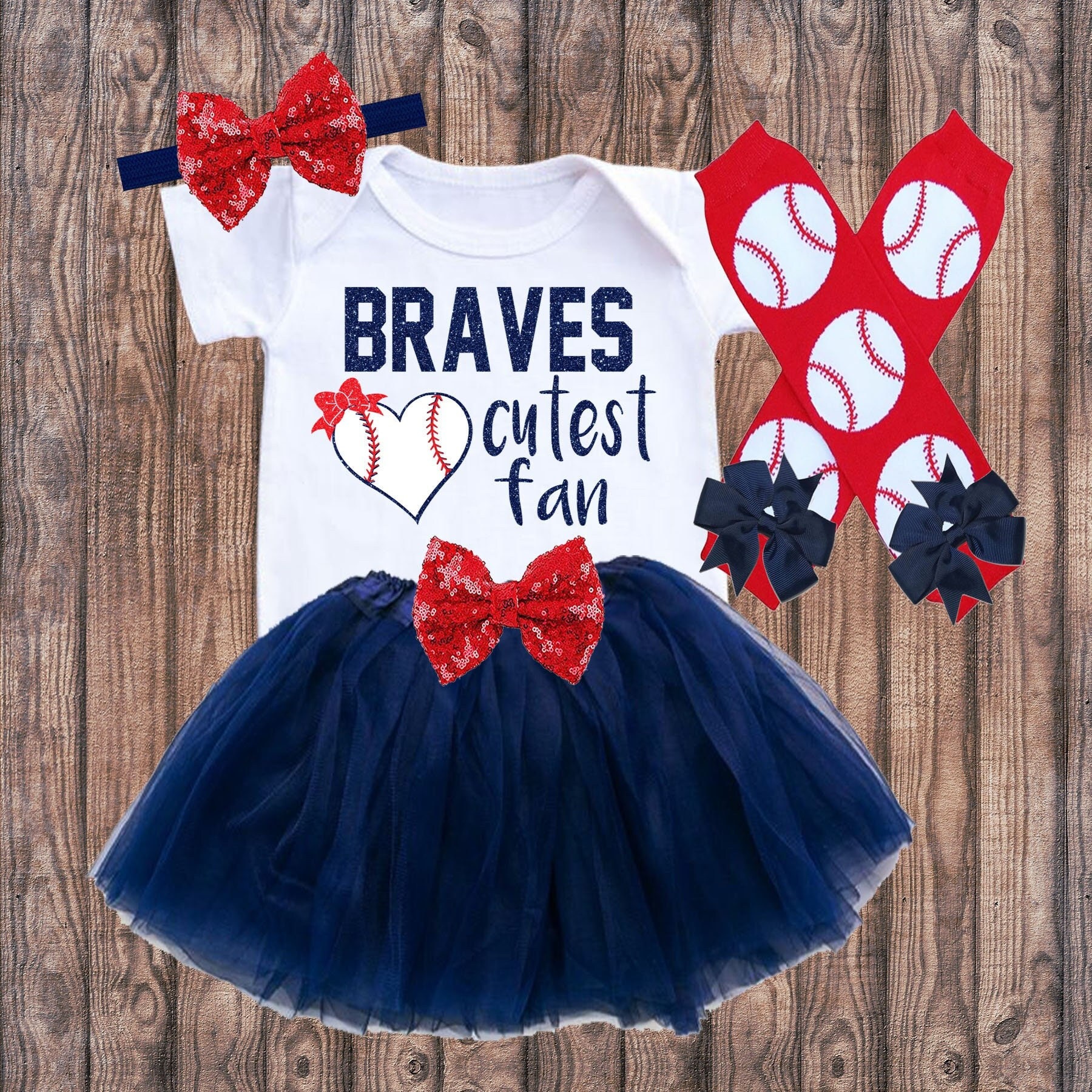 Needles Knots N Bows MLB Girls Cheerleader Atlanta Braves Game Day Outfit, Baby Girls Atlanta Braves Size 3 / Outfit w/Hair Bow