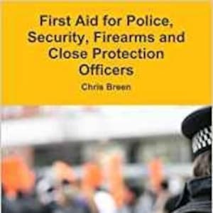 May include: A book titled "First Aid for Police, Security, Firearms and Close Protection Officers" by Chris Breen. The cover features a police officer in uniform with the text "POLIC MEDIC" on their back.