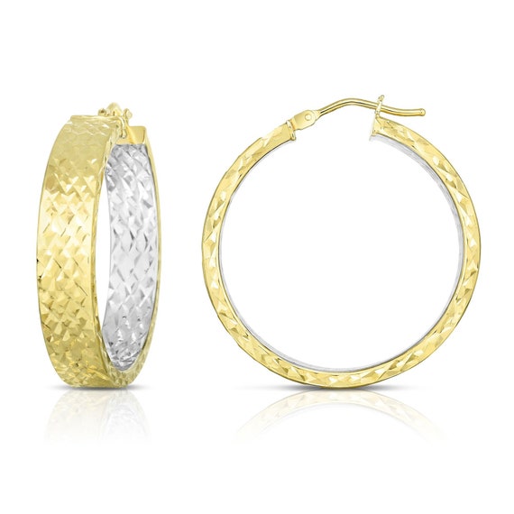 14K Yellow and White Gold Diamond Cut Hoop Earring Small Medium or