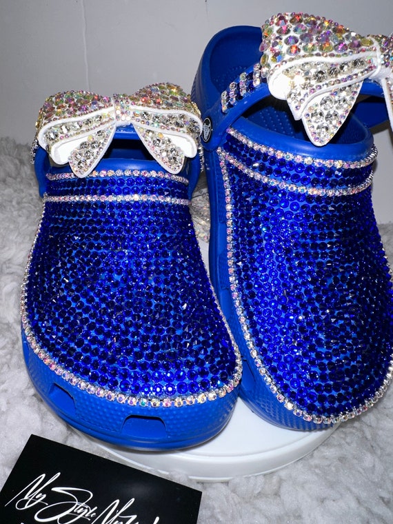 My Handmade Blue Rhinestone White Bow Custom Clogs for My Style | Birthday Gifts For her | Anniversary Gifts| Custom Bling Shoes