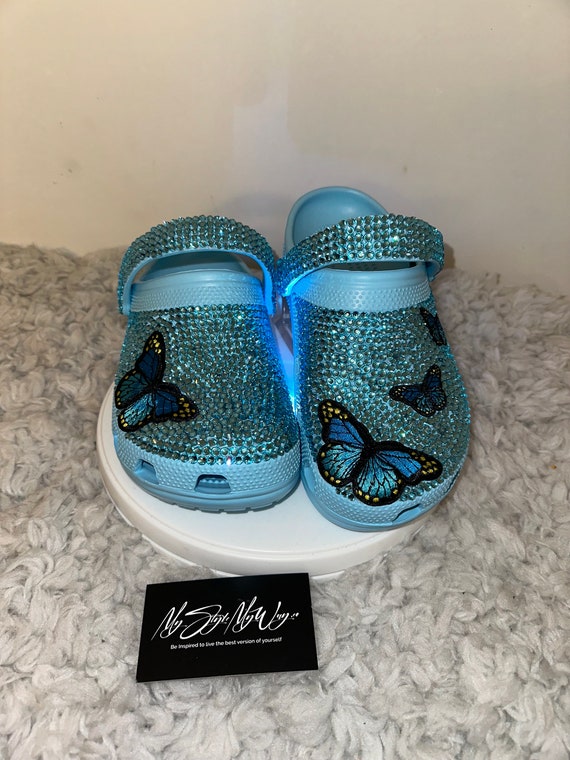My Handmade Turquoise Rhinestone Butterfly Custom Clogs for My Style | Birthday Gifts For her | Anniversary Gifts | Custom Bling Shoes