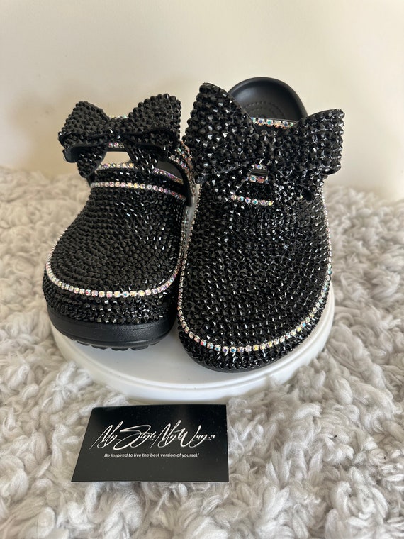 My Handmade Black Rhinestone Black Bow Custom Platform Clogs for My Style | Birthday Gifts For her | Anniversary Gifts| Custom Bling Shoes