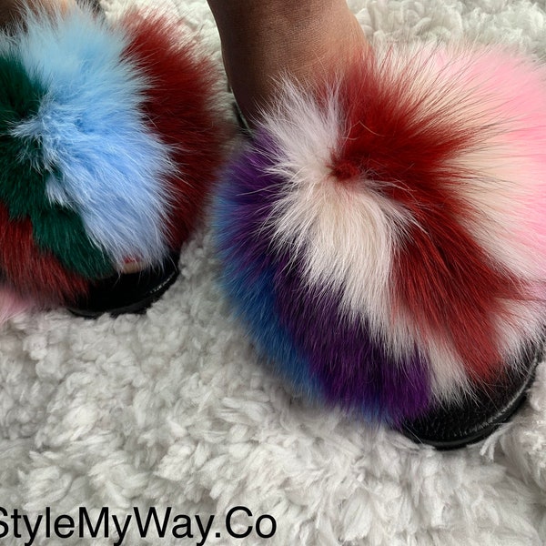 fur leather slides