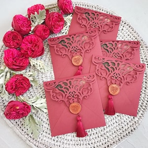 Burgundy Gift Certificate, Wax Seal Silk Tassel Envelope, Gift Voucher