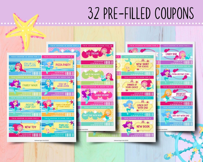 Printable Mermaid Coupons for Kids | Birthday Coupon Book | Printable ...