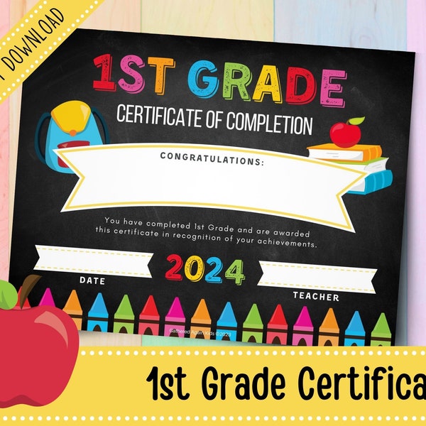 Printable 1st Grade Graduation Certificate 2024 | Chalkboard Graduation Certificate | Homeschool Graduation Diploma | 1st Grade Award