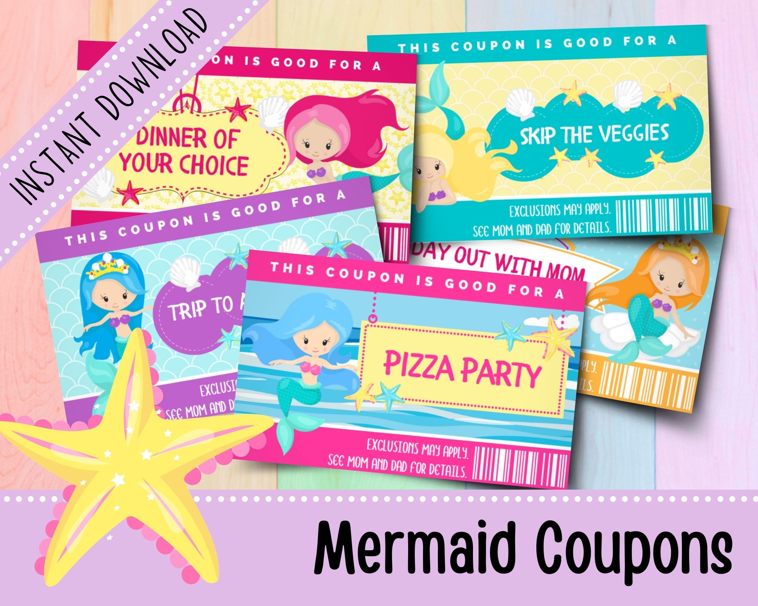 Printable Mermaid Coupons for Kids | Birthday Coupon Book | Printable ...