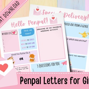 May include: Printable penpal letter templates for girls. The pink and blue printable sheets include prompts like "My Book List", "This or That?", "Would You Rather Be A...", "Drawing of My Favourite Weekend Activity", "3 Questions for You", "Special Delivery!" and "What Would You Ask From A Genie".