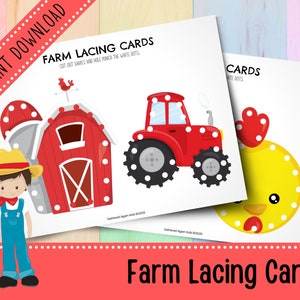 Juego de tarjetas de cordones agrícolas / Tarjetas de costura / Actividades para niños pequeños / Montessori / Habilidades motoras finas / Preescolar / Imprimible