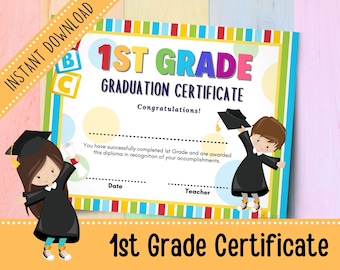 Rainbow 1st Grade Graduation Certificate | 1st Grade Diploma for Kids | Elementary School | Printable
