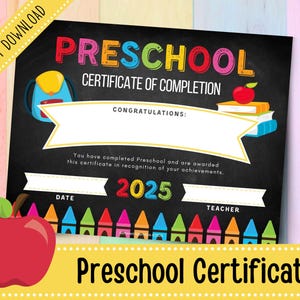 Ausdruckbare Vorschul-Abschluss-Zeugnis 2025 | Tafel-Abschluss-Zertifikat | Pre-K Diploma | Vorschule | Kindergarten