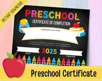 Printable Preschool Graduation Certificate 2025 | Chalkboard Graduation Certificate | Pre-K Diploma | Preschool | Kindergarten