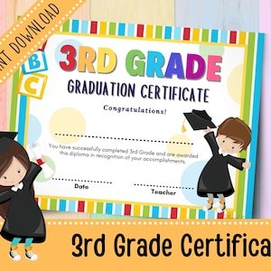 Certificado de Graduación arco iris de 3er grado / Diploma de 3er Grado para Niños / Escuela Primaria / Imprimible