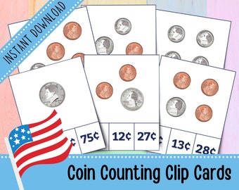 Coin Counting Clip Cards for Beginners | Counting Activities for Toddlers | Counting Game | Learn to Count | Preschool | Printable