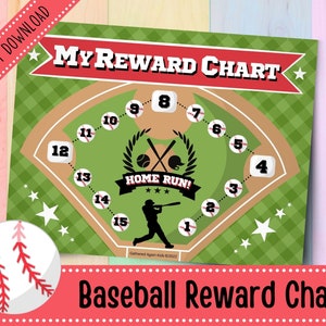 May include: A printable baseball-themed reward chart with a green field, brown dirt, and white bases. The chart has numbers 1 through 15 around the bases and the words "Home Run!" in the center. The chart is decorated with stars and a baseball.